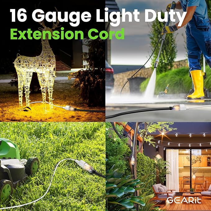 GEARit 15 Ft Extension Cords 16/3 Gauge 360° Rotating Plug Outdoor/Indoor SJTW 16 AWG 3 Prong Heavy Duty Power Cable 13A 125V 1625W for Lawn, Garden, Appliances Black