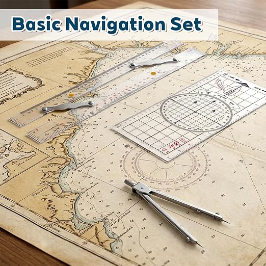 3 Pcs Basic Navigation Set, Include 16 Inch Parallel Ruler with Brass Arms Nautical Protractor Navigation Divider with Clear Scales, 6 Inch Marine Fixed Points Divider for Boat