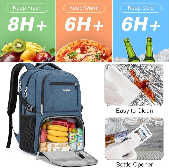 Insulated Lunch Backpack Fit 17" Laptop, Work Backpack with Lunch Box & USB Charging Port for Men & Women, Water Resistant College Computer Bag for Travel, Business, Hiking (Blue)