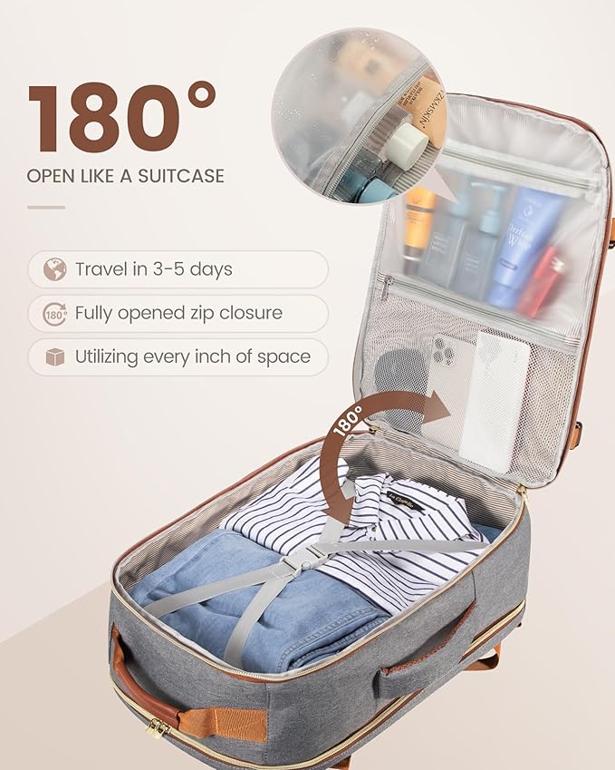 LOVEVOOK Travel Backpack for Women & Men 40L,Airline Approved Carry On Backpack Travel Essentials,TSA Carry on Luggage,Waterproof Personal Item Travel Bag,Suitcase with 3 Packing Cubes,Grey-Brown