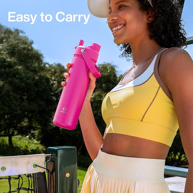 ENCOOL Insulated Water Bottle with Straw Stainless Steel Water Bottle, Leak-Proof, BPA-Free, Double Wall Vacuum Keeps Cold for 24 Hours for Sports, Travel, School (26 oz, Persian Rose)