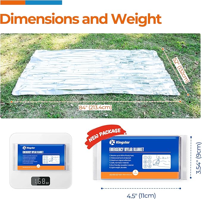 K Kingstar Emergency Blanket 75 Pack, 84" L x 52" W, Bulk Supply for Homeless Outreach, Mylar Blankets Retain 90% Body Heat, Perfect for Building Winter Survival Kits & Community Care Packages