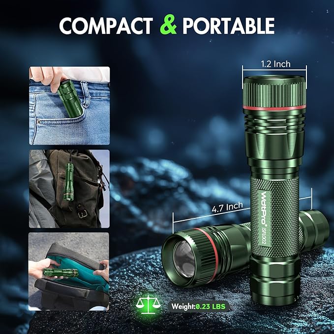 WdtPro Rechargeable Flashlights High Lumens, 1 Pack 10H Long Lasting Super Bright EDC Flashlights, LED Mini Tactical Flash Lights for Camping Emergency, Drop & Water Resistant Green(Battery Included)