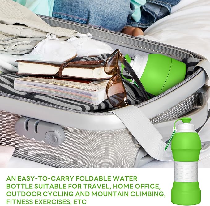 Collapsible Lightweight 20oz Water Bottle, Food-Grade Silicone BPA Free, Foldable Portable Leak Proof Office Travel Cycling Sports Outdoor Water Bottle with Vertical Hook (green, long nozzle)