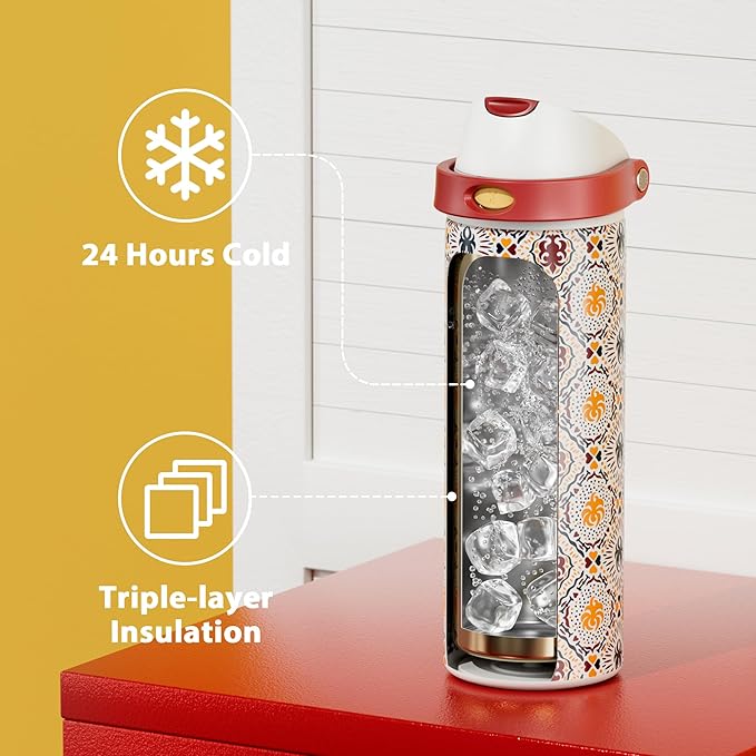 24 oz Insulated Water Bottle for Sports: Meoky Stainless Steel Water Bottle with 2-in-1 Straw and Spout Lid - Leak Proof, Cold for 24 Hours, Fits in Car Cup Holder, BPA-Free for Travel Gym, Folk Charm