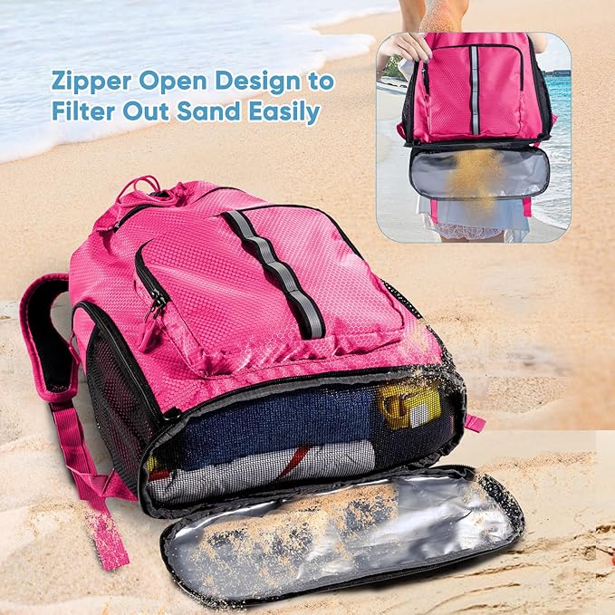 Large Beach Backpack Waterproof Sandproof - Customized Oversized Drawstring Pool Bag with Shoe Compartment for Toiletries, Towels, Gym, Travel