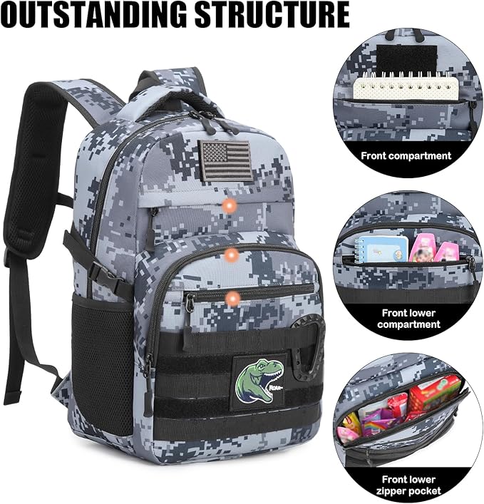 Kids Tactical Backpack Army Molle Bookbag Military Boys Backpack for School, Outdoor, Camping (Includes 2 Patches+1Carabiner), Black Digital CM