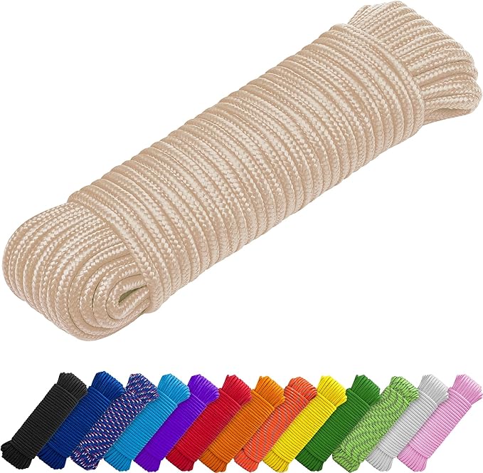 TECEUM Rope – 90 Feet x 1/4 Inch (7mm) – Beige – Strong All-Purpose Utility Rope – Camping, Crafting, Flag Pole, Indoor & Outdoor – Polypropylene Nylon Poly Lightweight Diamond Braided Cord