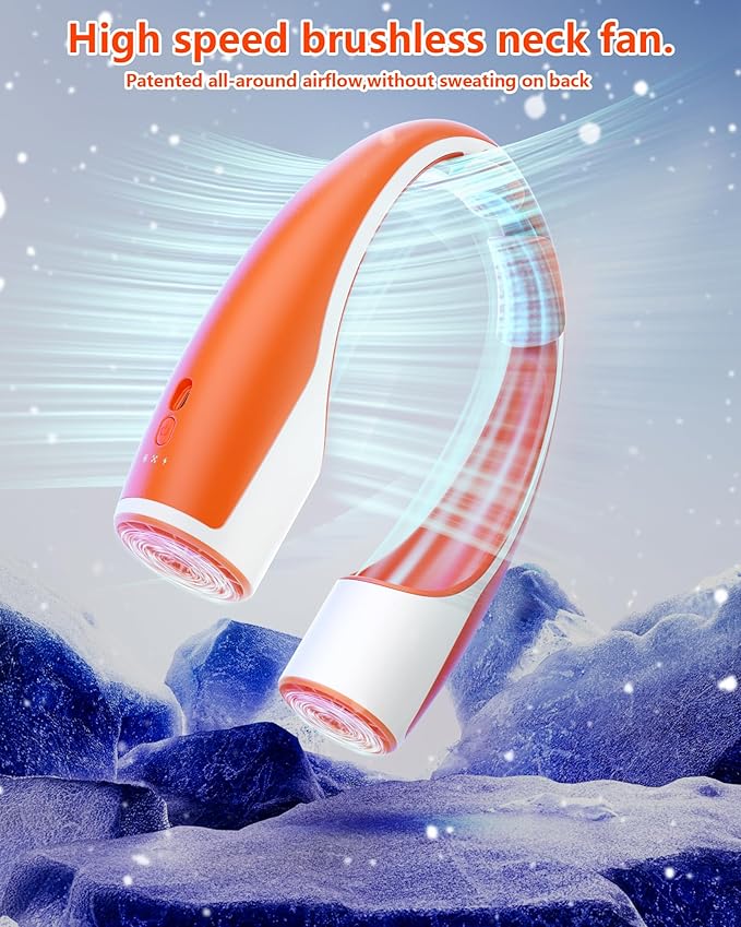 Rohent Personal Neck Fan for Outdoor: Powerful High Speed Personal Fan 360° Cooling - 4000mAh Battery Operated Rechargeable Neck Fan for Travel Camping - Orange