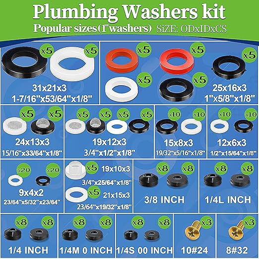 ZDBB 258 Pcs 2-in-1 Spigot Washer & Hose Gasket Kit for Assorted Outdoor Faucet Garden Hose Valve Stem Worn Out Plumber Outside Faucet Bib Shower Gasket Repair Set