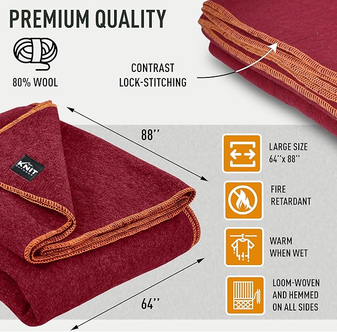 Large Military Wool Blanket - Warm & Thick Emergency Survival Blanket Great for Camping, Outdoors, Sports Events, Picnics, 4.5 lbs, 64" x 88" (Maroon)