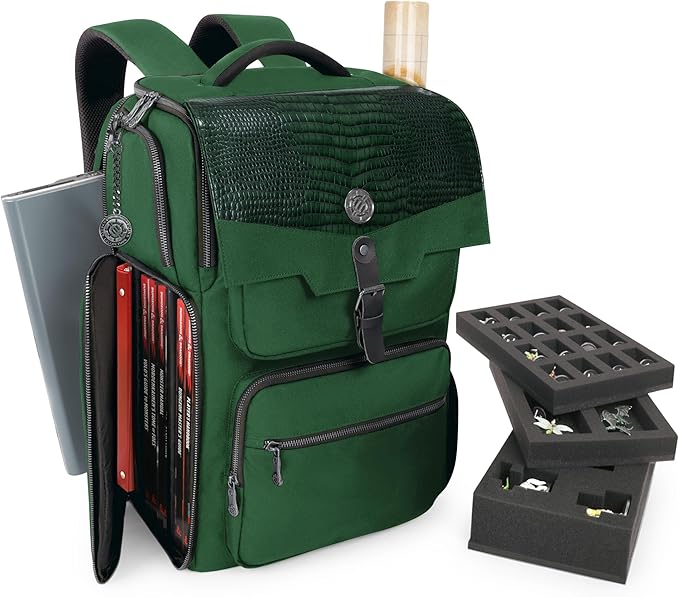 ENHANCE Collector's Edition DnD Backpack - RPG DM Bag for Dungeons and Dragons - DnD Bag fits 6-8 Books, 18" Laptop/DM Screen Slot, Miniature Foam Trays, Accessory Pockets, Map Strap (Dragon Green)