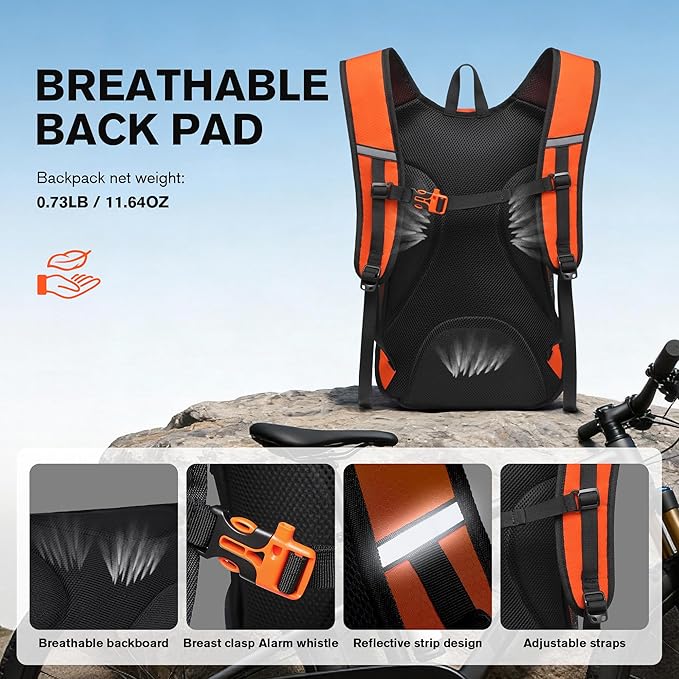 Ultra-Light Soft Daypack 15L/20L, Cushioned Breathable Back Panel Backpack, Lightweight Packable Travel Backpack (Orange, 15L)
