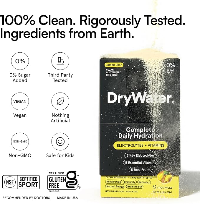 DryWater Electrolyte Powder Packets, Lemon Lime - Hydration Packets Drink Mix with Zero Added Sugar for Rehydration & Energy - 6 Key Electrolytes, 5 Essential Vitamins & 5 Real Fruits - 12 Pack