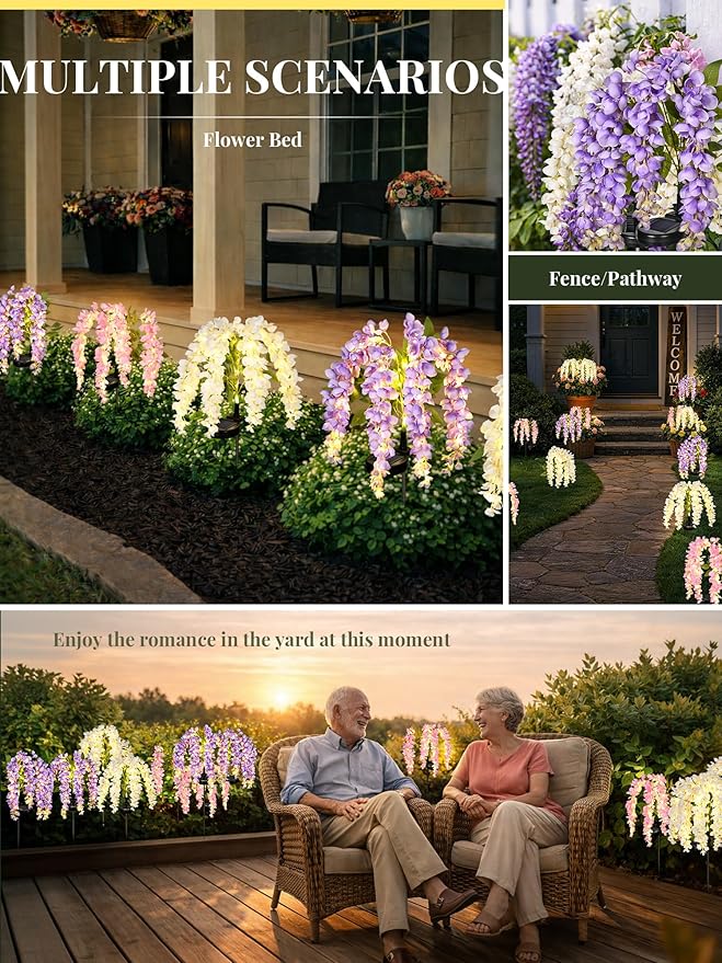 GIGALUMI Solar Lights Outdoor for Garden Decor, 3 Pack Solar Flower Lights Waterproof, 2 Lighting Modes Wisteria for Pathway,Yard, Patio Decoration, Gardening Gifts for Women (Multi-Colored)