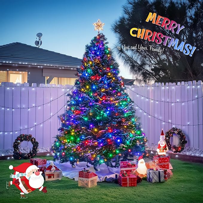 JMEXSUSS 2 Pack Solar String Lights Outdoor Waterproof, Total 66 FT 200 LED Solar Christmas Lights Outdoor, Twinkle Light for Christmas Tree Outside Garden Yard Xmas Decor, White to Multicolor