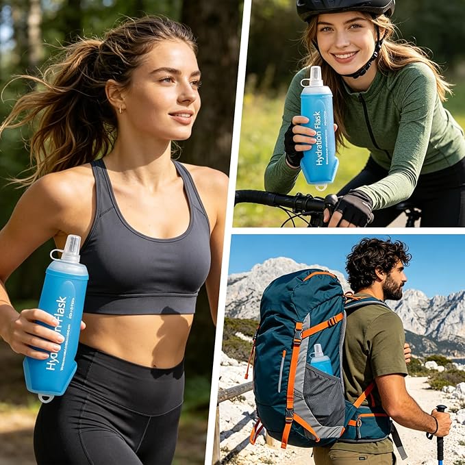 2Pcs 500ml Soft Flask, TPU Collapsible Soft Water Bottle for Hydration Pack, Running Vest, Leak-Proof Folding Water Bottle for Hiking Cycling Climbing Jogging- Blue
