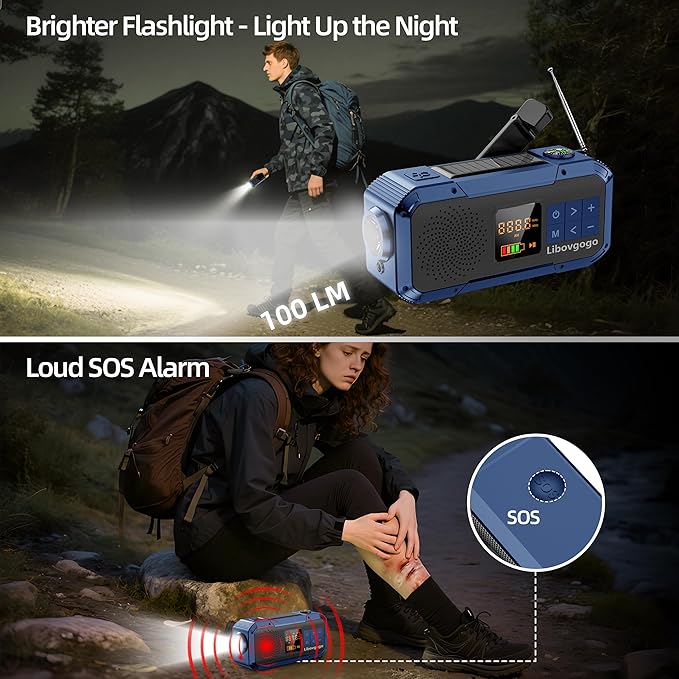 Emergency Weather Radio with IPX5 Waterproof Portable Bluetooth Speaker,USB-C Solar Hand Crank,NOAA Alarm AM FM Radio,Flashlight,SOS Alarm,2000mAh Cell Phone Charger for Camping and Survival (Blue)