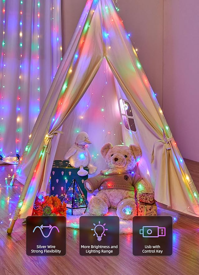 Brightown 300 LED Fairy Curtain Lights, Curtain String Lights, USB Plug in 8 Lighting Modes Christmas Decoration, Hanging Lights with Remote for Bedroom Indoor Weddings Dorm Multicolor 1 Pack