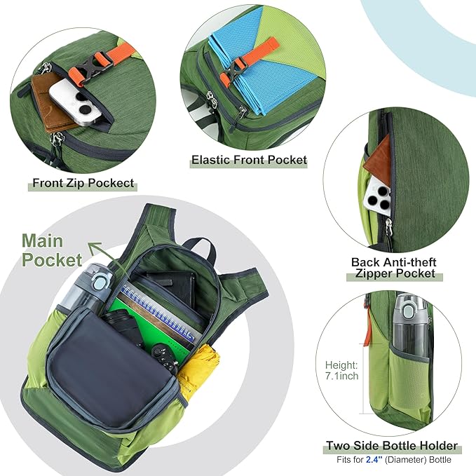FIORETTO 15L Hiking Backpack for Women Men Mini Packable Backpack Lightweight Small Daypack for Camping Travel Outdoor, Green