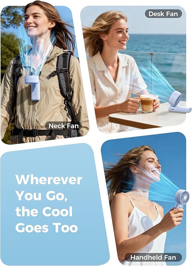 Aecooly Mighty Portable Handheld Fan | 20H Max Cooling Time | 3 Flexible Modes | 5 Speeds Wind | Battery Level Display | USB Rechargeable Mini Personal Battery Powered, Gifts for Women, Travel -Blue