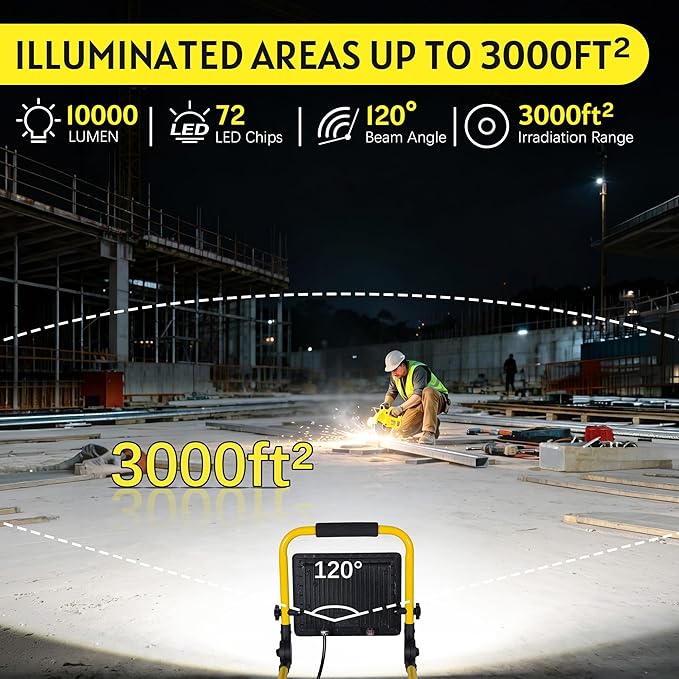 10000LM LED Work Light: Portable Work Light with 5FT Cord, IP66 Waterproof Flood Light for Garage Workshop Job Site Construction Indoor Outdoor Lighting, Tool Fathers Day Dad Gifts for Men Him Husband