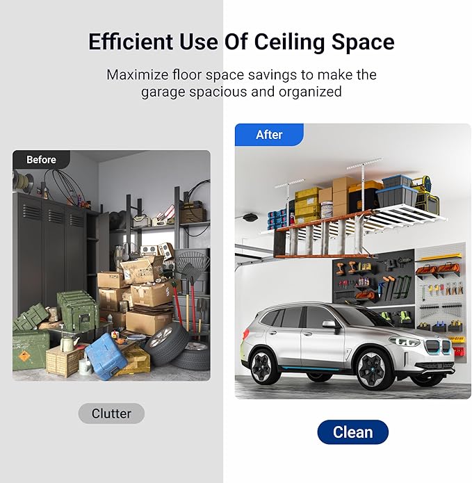 FLEXIMOUNTS 4x8 Overhead Garage Storage Rack with 6 Hooks, Adjustable Storage Organization System, Heavy-Duty Metal Ceiling Racks, 22.6" -39.4" Ceiling Dropdown, 2 Pack, White, Lite Series