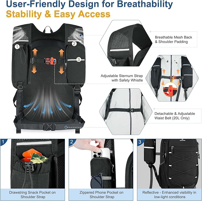 BECOJADDE Hiking Backpack 20L Small Backpack Packable Day pack Water Resistant Lightweight Travel Backpack for Women Men with Shoulder Strap Pockets for Hiking Camping Outdoor, Black