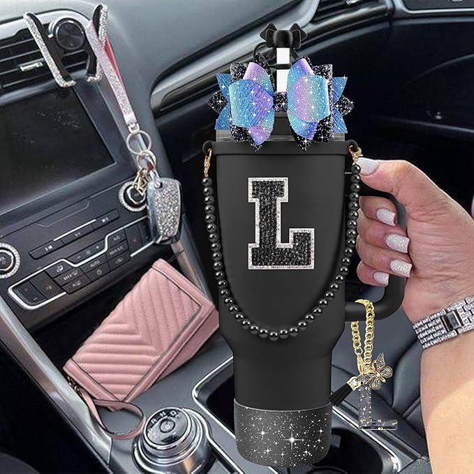 9PCS Black for Stanley Cup Accessories Set Bling Initials Bow Charms for Stanley Decorations 30/40 Oz Tumbler Accessories Including Bow Straw Topper, Handle Strap, Spill Stopper（Letter L）