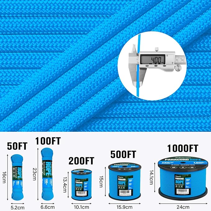 Paracord Rope 750 lb - 100ft 5/32" Parachute Cord 4MM 12-Strand para Cord - Heavy Duty Spool String for Survival,Camping Gear, Survival Bracelet, Clothesline - Blue