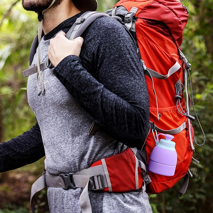 Collapsible Lightweight 20oz Water Bottle, Food-Grade Silicone BPA Free, Foldable Portable Leak Proof Office Travel Cycling Sports Outdoor Water Bottle with Vertical Hook (purple, Short nozzle)