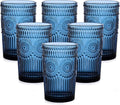 ZMOWIPDL Vintage Glassware Drinking Glasses Set of 6,13 oz Blue Textured Flower Design Glass Water Tumblers，Embossed Striped Drinkware for Water,Cocktails,Juice,Iced Coffee