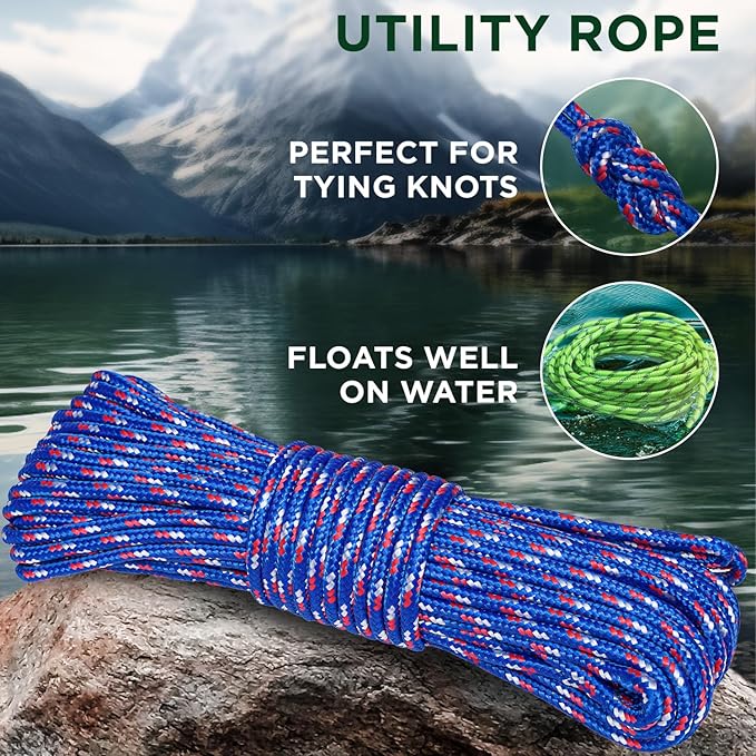 TECEUM Rope – 90 Feet x 3/8 Inch (10mm) – Patriot Mix – Strong All-Purpose Utility Rope – Camping, Crafting, Flag Pole, Indoor & Outdoor – Polypropylene Nylon Poly Lightweight Diamond Braided Cord