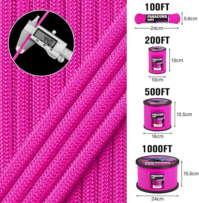 1200 Paracord Rope - 4.4mm 14 Strand Nylon Parachute Spool para Cord Lanyard for Outdoor Camping Survival Utility Tent Crafting DIY Projects Fishing Clothsline Bracelet - Neonpink 100FT