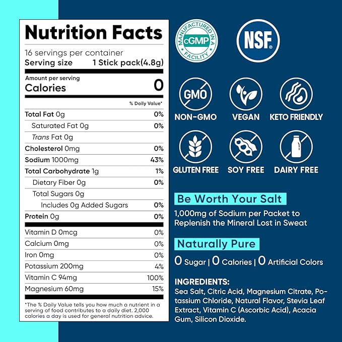 Venture Pal High Sodium Sugar-Free Electrolyte Powder Packets - Hydration Packets with Sodium, Potassium & Magnesium | Zero Calories | Vegan, Keto, and Paleo Friendly | 16 Sticks