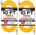 IRON FORGE CABLE 2 Pack of 10 Foot Outdoor Extension Cords - 12/3 SJTW Heavy Duty Lighted Yellow Extension Cable Set, 15 AMP