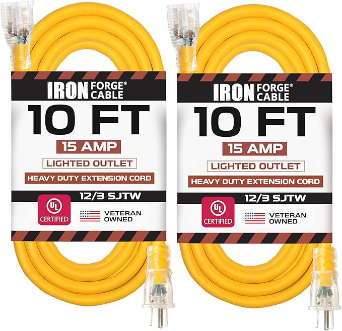 IRON FORGE CABLE 2 Pack of 10 Foot Outdoor Extension Cords - 12/3 SJTW Heavy Duty Lighted Yellow Extension Cable Set, 15 AMP