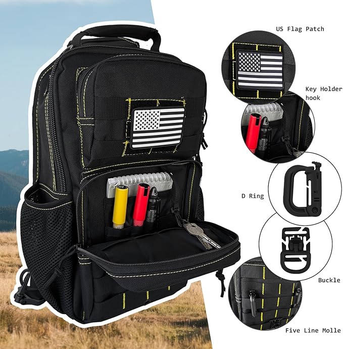 Rover Sling Pack Tactical Shoulder Sling Bag Backpack with Bottle Holder Crossbody Chest Bag, Black with Yellow