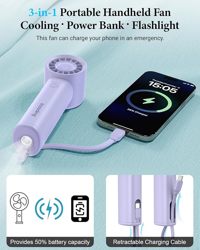 Portable Handheld Fan with Power Bank(High-Speed),3 IN 1 USB Rechargeable Mini Personal Fan with Flashlight,Small Size for Outdoor/Travel/Beach/Concerts/Summer.Gifts for Girl,Women.Purple