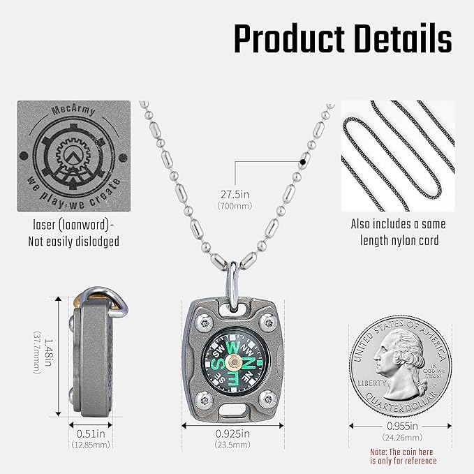 MecArmy Mini Titanium/Brass Compass, Waterproof IPX5 Pocket Compass for Hiking & Survival, Keychain & Necklace Gifts for Men & Women, Ideal Graduation & Outdoor Adventure Present