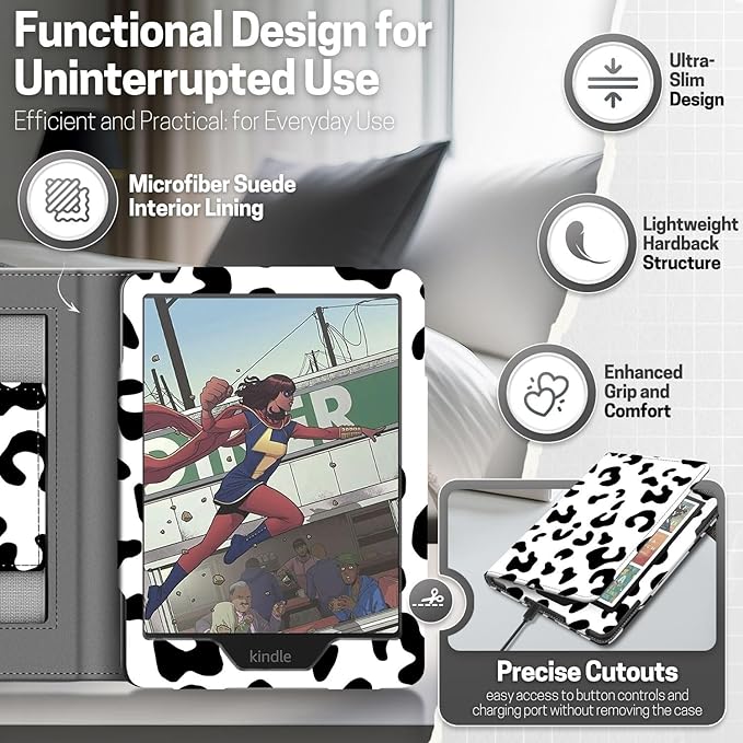 TNP Stand Case for Kindle Paperwhite 12th Generation 2024 / Kindle Colorsoft Signature Edition with Hand Strap & Card Slot - 7" PU Leather Protective Folio Cover with Auto Wake/Sleep, Cow Print