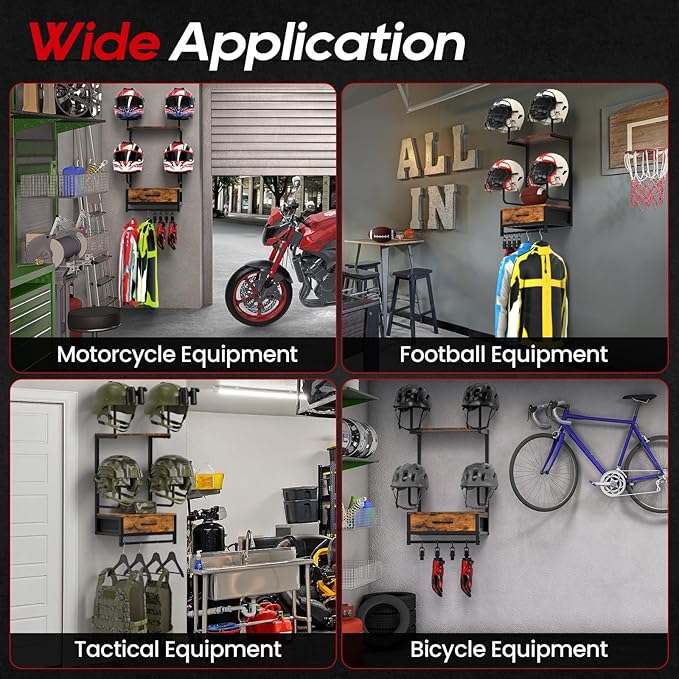 Motorcycle Helmet Holder Wall Mount, Helmet Rack with 4 Glove Clips, Motorcycle Gear Rack Storage, Motorcycle Accessories Organizer for Entryway or Garage