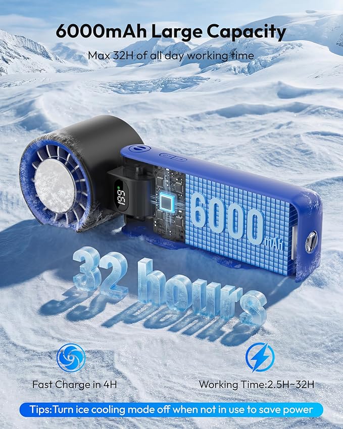 Gaiatop Portable Handheld Turbo Fan with Ice Cooler, 32H Cooling, 5 Speed (1-199) Personal Fan, 6000mAh Rechargeable Mini Fan with LED Light for Outdoor Camping Working Home, Classic Blue