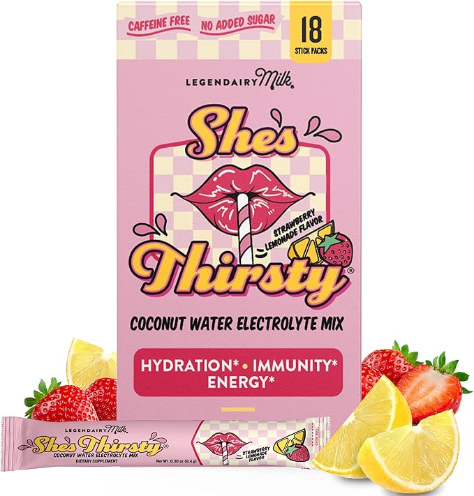 Legendairy Milk She’s Thirsty – Strawberry Lemonade, No Sugar Added Electrolytes Powder Packets–Coconut Water Mix for Women, Instant Hydration Packets, Immune Support, Pregnancy Safe, 18 Ct