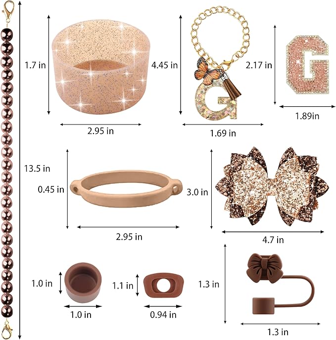 9PCS Brown for Stanley Cup Accessories Set Bling Initials Bow Charms for Stanley Decorations 30/40 Oz Tumbler Accessories Including Bow Straw Topper, Handle Strap, Spill Stopper（Letter G）