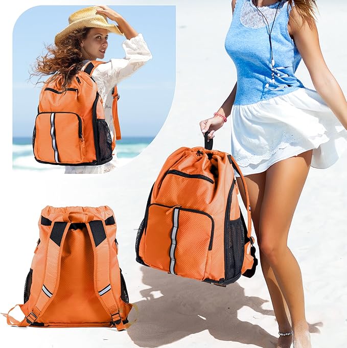 Large Beach Backpack Waterproof Sandproof - Customized Oversized Drawstring Pool Bag with Shoe Compartment for Toiletries, Towels, Gym, Travel