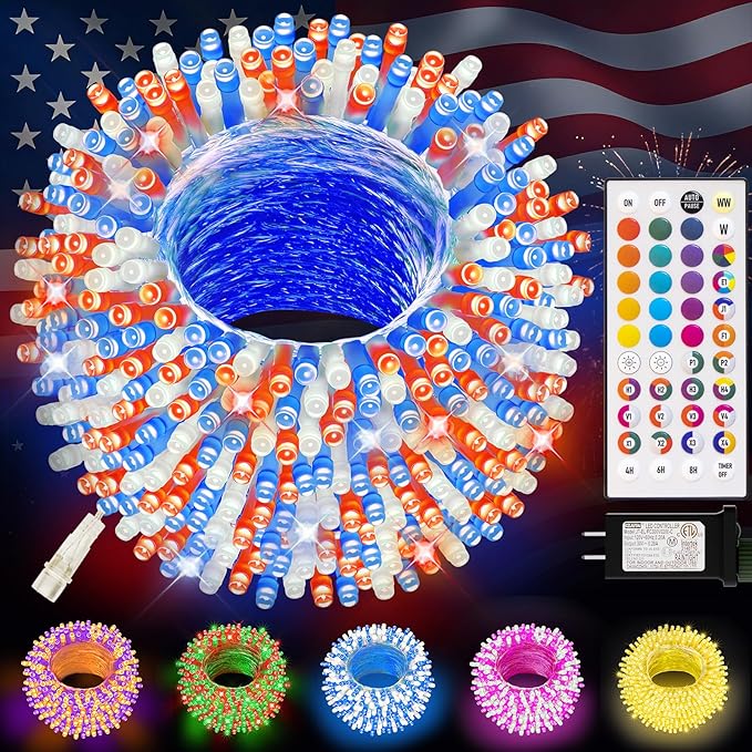 LitHome Color Changing Christmas String Lights Connectable, 35 Colors 66Ft 200 LED Red White and Blue String Lights Outdoor with Remote, 4th of July Light Plug in for Tree Party Independence Day Decor