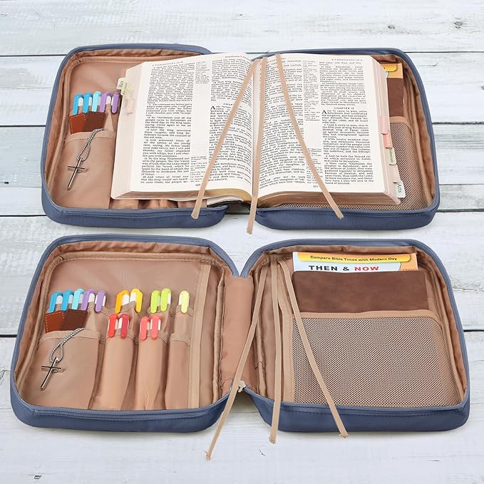 FINDCOZY Bible Cover for Women, Durable Carrying Book Case Church Bag for Biblical Accessories with Handle and Zippered Pocket, for Scriptures, Blue