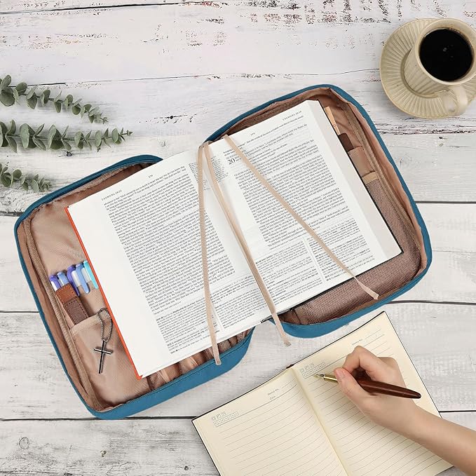 FINDCOZY Bible Cover for Women, Durable Carrying Book Case Church Bag for Biblical Accessories with Handle and Zippered Pocket,Lake-Blue