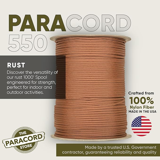 The Paracord Store | Type III 550 Paracord - 1000 FT Spool, Rust | Heavy Duty 7 Strand Tactical Paracord - USA Made Nylon Outdoor Parachute Cord for Camping, Fishing & More - Survival Cord